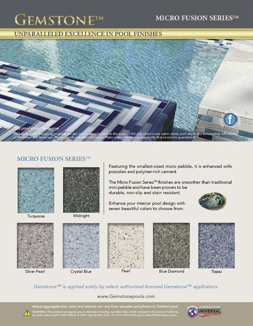 Image of Gemstone Micro Fusion Brochure cover with tIle detail pool edge and images of sample product