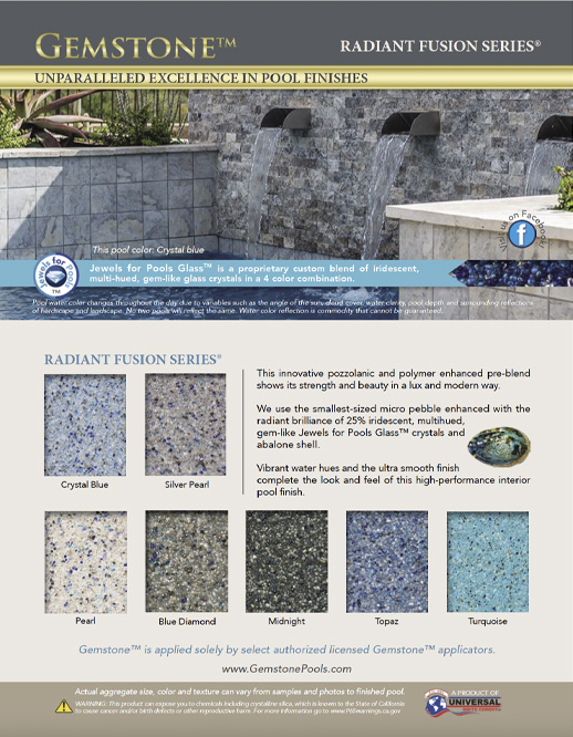 Image of Gemstone Radiant Fusion Brochure cover with water feature pool and images of sample product